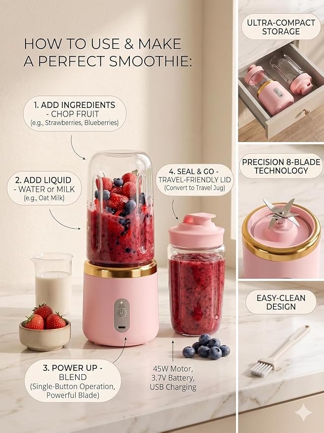 Portable Mini Blender & Juicer – USB Rechargeable Personal Smoothie Maker