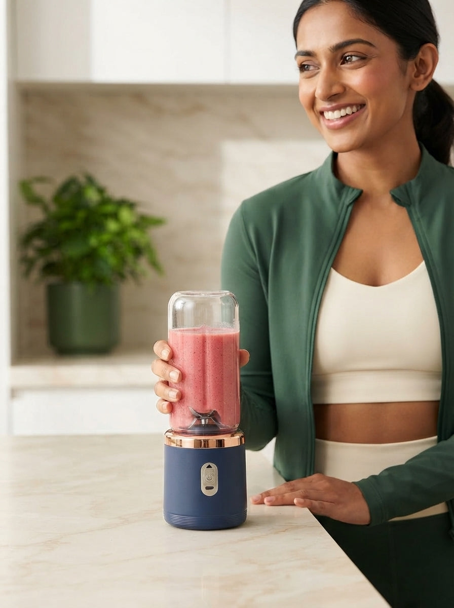 A South Asian woman holding a portable mini blender in a bright, modern kitchen with forest green and cream decor.